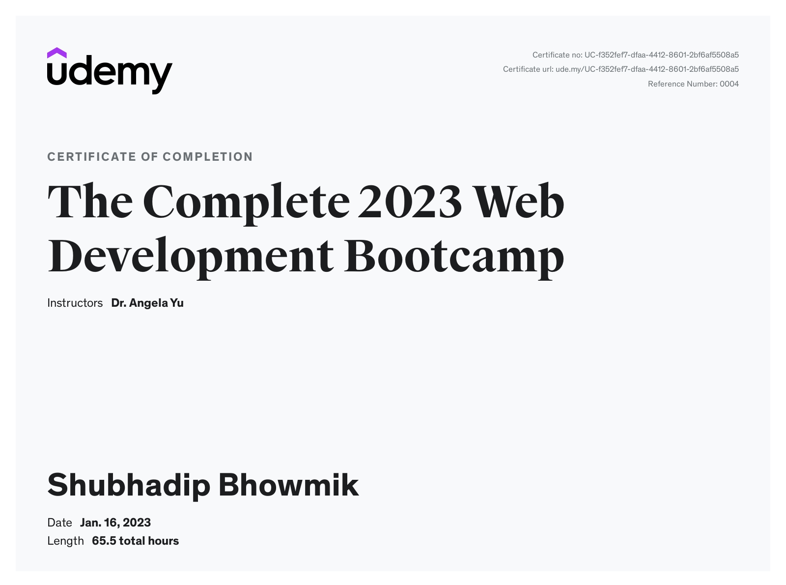 Certificate for The Complete 2024 Web Development Bootcamp