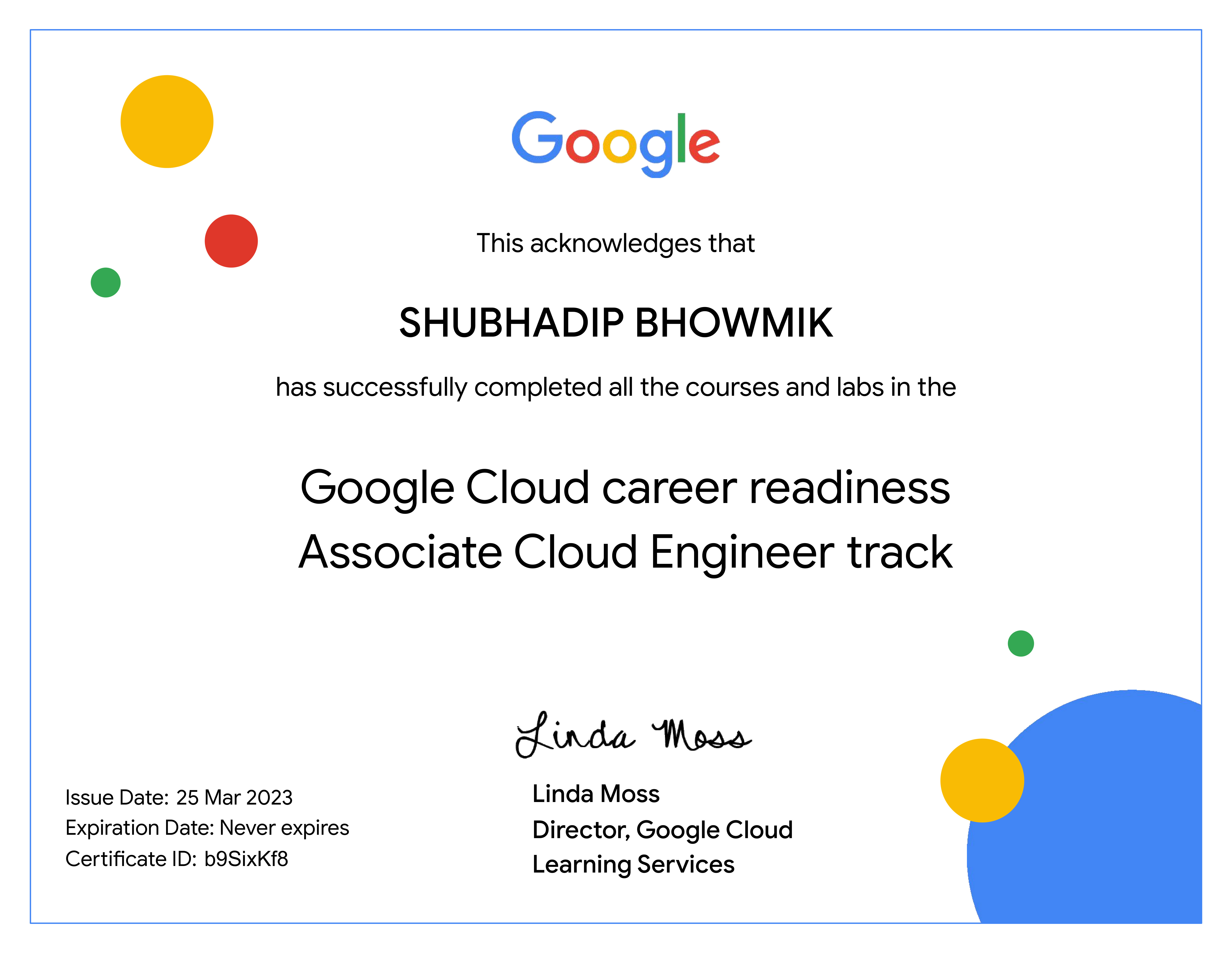 Certificate for Google Cloud career readiness Associate Cloud Engineer track