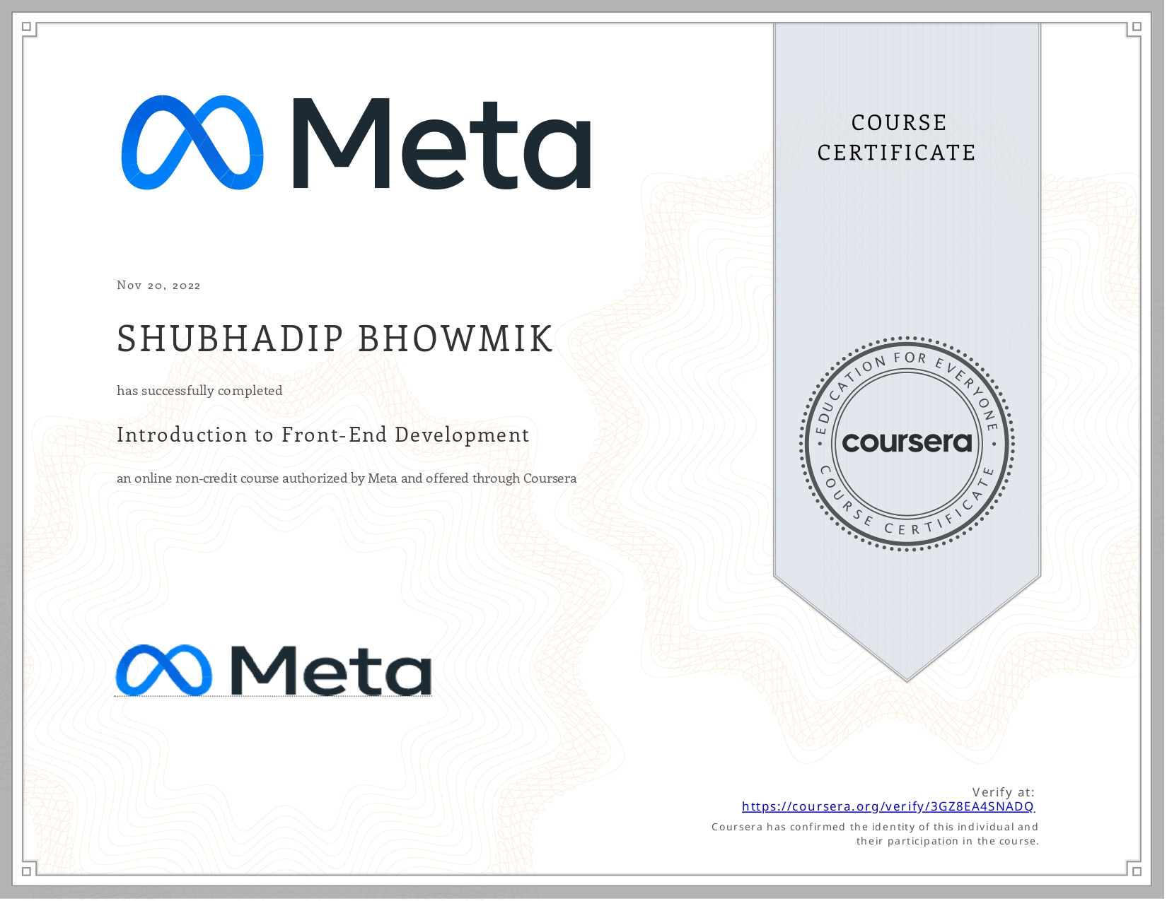 Certificate for  Introduction to Front-End Development